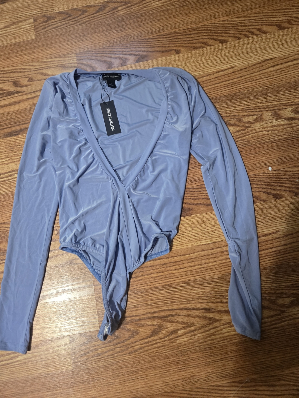 PrettyLittleThing Light Blue Long Sleeve Wrap Bodysuit Sz S